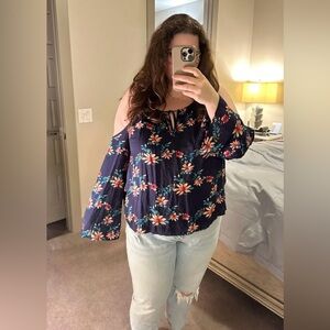 Forever 21 Navy Floral Cold Shoulder Blouse